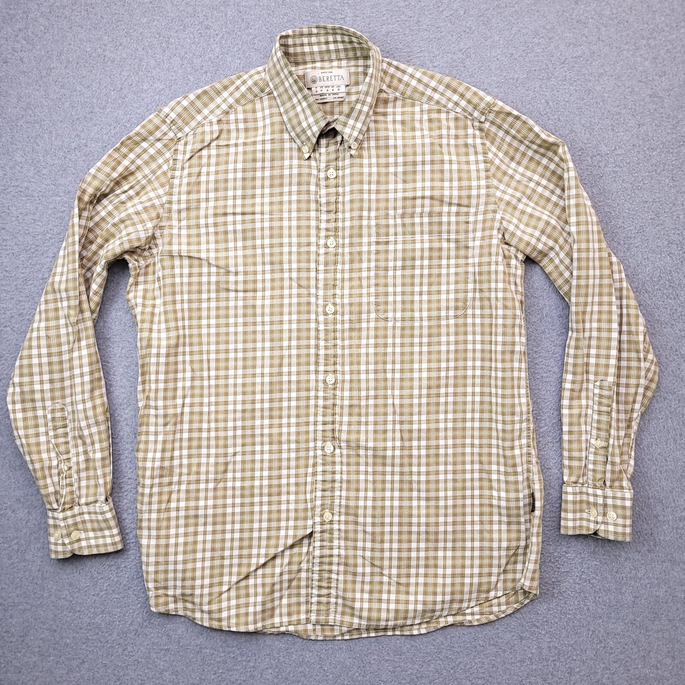 Beretta Button Down Shirt Size Medium Long Sleeve Brown Plaid Cotton Mens